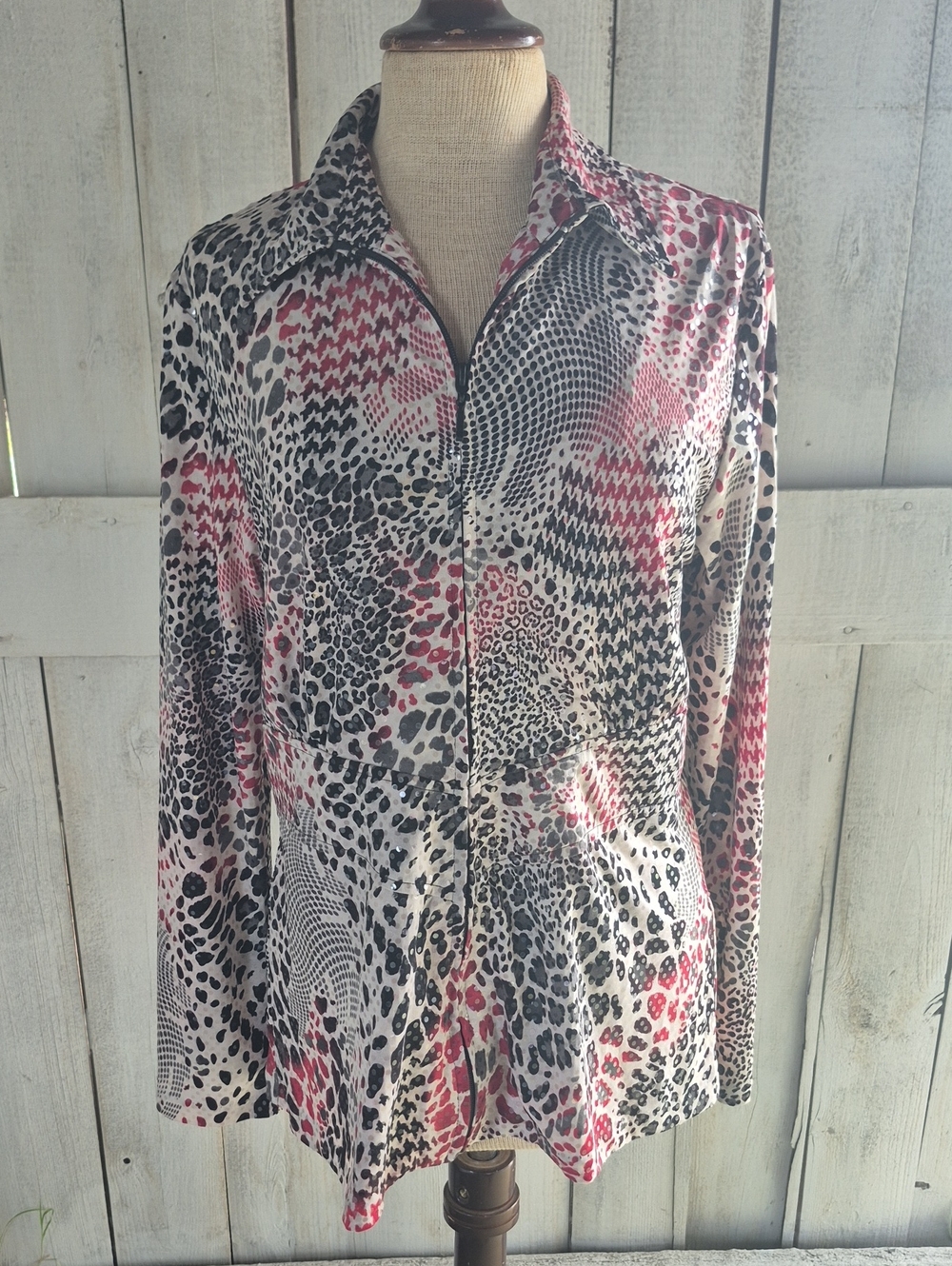 Mixed Animal Print Zip Down Shirt Jacket in Red, Black & White